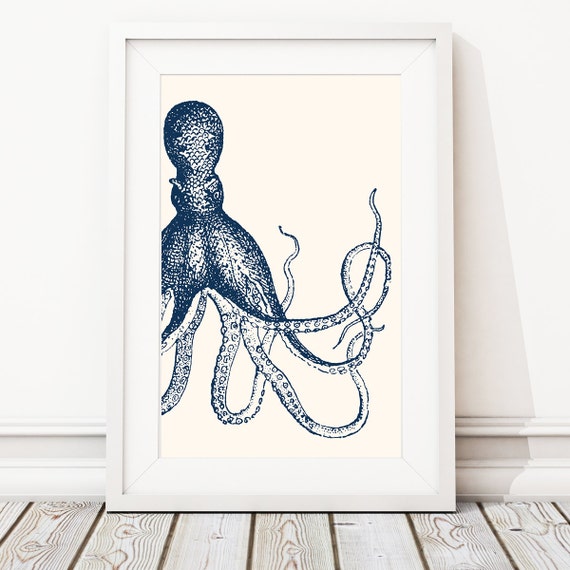 Octopus Art - Octopus Print - Nautical Decor - Nautical Nursery - Kraken Art - Kraken Print - Nautical bathroom - Ivory Navy (S-374)