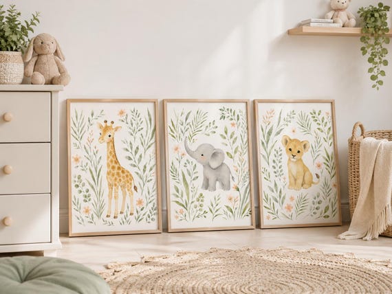 Safari Nursery Wall Art Set of 3: Boho Watercolor Giraffe, Elephant & Lion Prints for Neutral Jungle Baby Room Decor