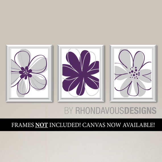 Purple Gray Flower Wall Art Prints - Grey - Purple Nursery Art - Flower Nursery Art - Flower Bedroom Art - Flower Bathroom Art (NS-757)