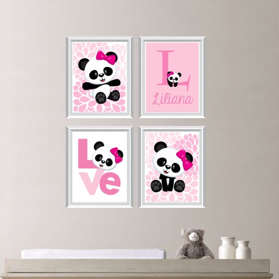 Baby Girl Nursery Art Print - Panda Bear Nursery Prints - Panda Bear Bedroom Art - Nursery Decor - Panda Bear Bedroom Decor. Canvas (NS-686)