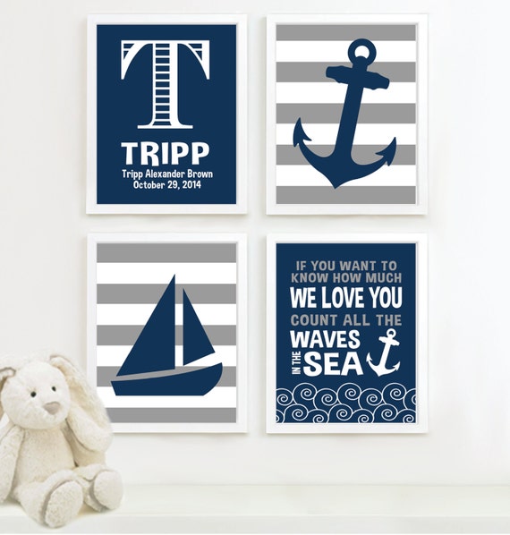 Baby Boy Nursery Art - Nautical Nursery Decor - Nautical Nursery Print -Nautical Nursery Art -Navy White Gray - You Pick the Size (NS-513)