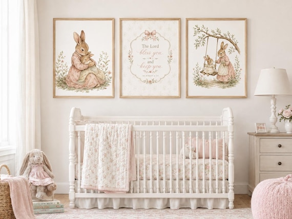 Christian Bunny Nursery Wall Art Set of 3, Numbers 6:24 Scripture, Pink Rabbit Baby Girl Decor, Vintage Cottagecore Nursery Prints