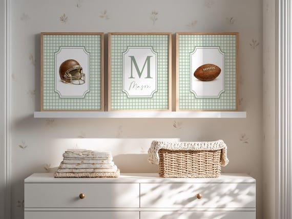 Personalized Football Nursery Wall Art Set of 3: Sage Green Baby Boy Nursery Decor, Vintage Football Prints, Sports Nursery Wall Art