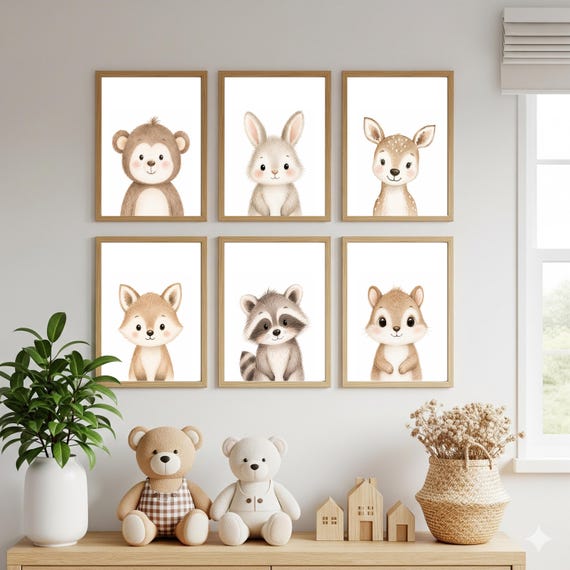 Woodland Animal Nursery Wall Art Set of 6, Neutral Baby Animal Prints, Forest Nursery Decor, Bear Bunny Deer Fox Raccoon Squirrel