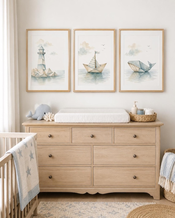 Origami Coastal Nursery Wall Art Set of 3, Paper Sailboat Whale Lighthouse Prints, Nautical Baby Boy Room Decor, Blue Ocean Art