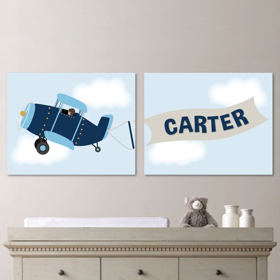 Personalized Name Airplane Print Duo Set - Home Wall Art Bedroom Nursery Decor. Boy. Transportation - You Pick the Size (NS-444)