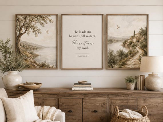 Psalm 23 Wall Art Set of 3, Christian Farmhouse Decor, He Leads Me Beside Still Waters, Neutral Bible Verse Prints