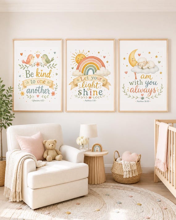 Christian Nursery Wall Art Set of 3, Bible Verse Prints for Baby Girl