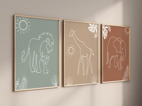 Boho Safari Line Art Set of 3, Children's Bedroom Nursery Wall Art Print, Lion, Elephant, Giraffe, Jungle Animal, Minimalist, Boy Nursery