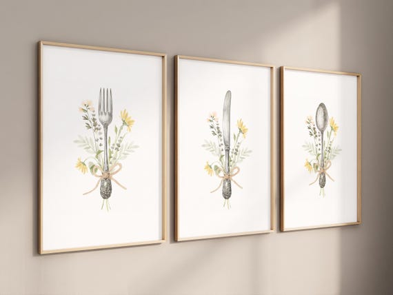 Set of 3 Watercolor Spoon Fork Knife Botanical Prints, Cottagecore Farmhouse Kitchen Decor