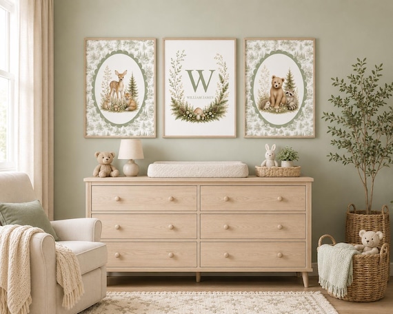 Personalized Woodland Nursery Wall Art Set of 3, Sage Green Forest Animal Prints, Deer Fox Bear Nursery Decor, Heritage Woodlands Prints