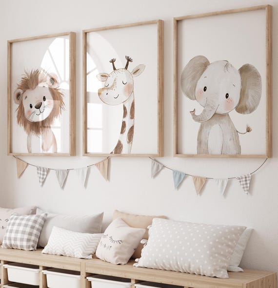 Safari Animal Nursery Wall Art Print Set of 3, Lion Giraffe Elephant Prints, Neutral Jungle Baby Room Decor, Watercolor Safari Animal Art