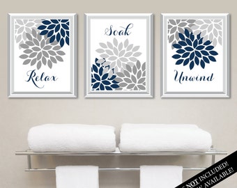 Floral Bathroom Art Print Trio: Navy Blue, Gray Relax Soak Unwind