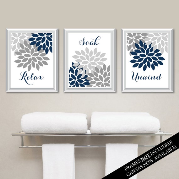 Floral Relax Soak Unwind Print Trio. Bathroom Home Decor Wall.  Bathroom Art. Flower Bathroom. Navy Blue Bath Art. Flower Bath Art. NS-804