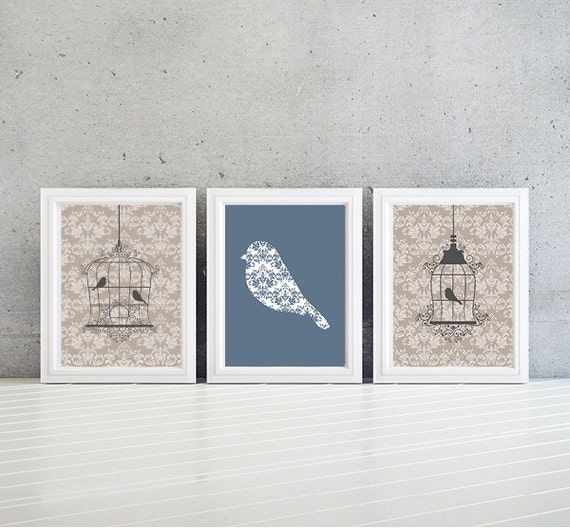 Vintage Damask Birdcage Print Trio - Bedroom Art Print. Bathroom Art - Bath - Girl Nursery Art. Birdcage Art - Tan Gray Slate Blue (NS-666)