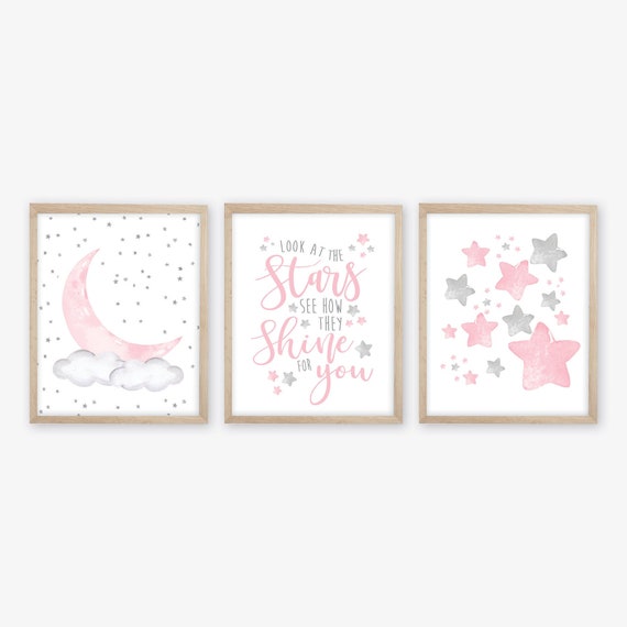 Girl Moon and Stars Nursery Decor Set of 3, Girl Nursery Decor, Watercolor Stars and Moon Nursery Prints, Girl Nursery Art, Girl Bedroom Art