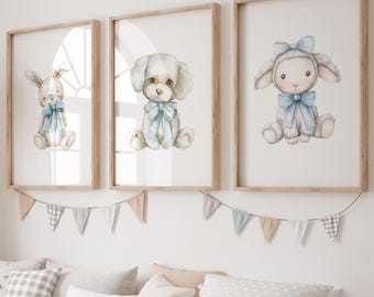 Blue Nursery Art: Watercolor Animals, Bunny, Puppy, Lamb Art, Boy Nursery Prints