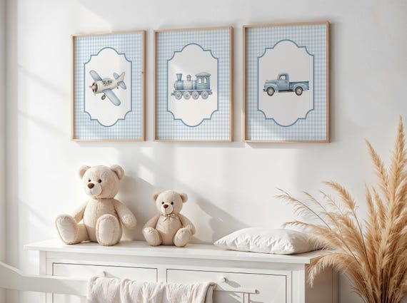 Transportation Nursery Wall Art Set, Plane Train Car Prints, Boy Nursery Decor