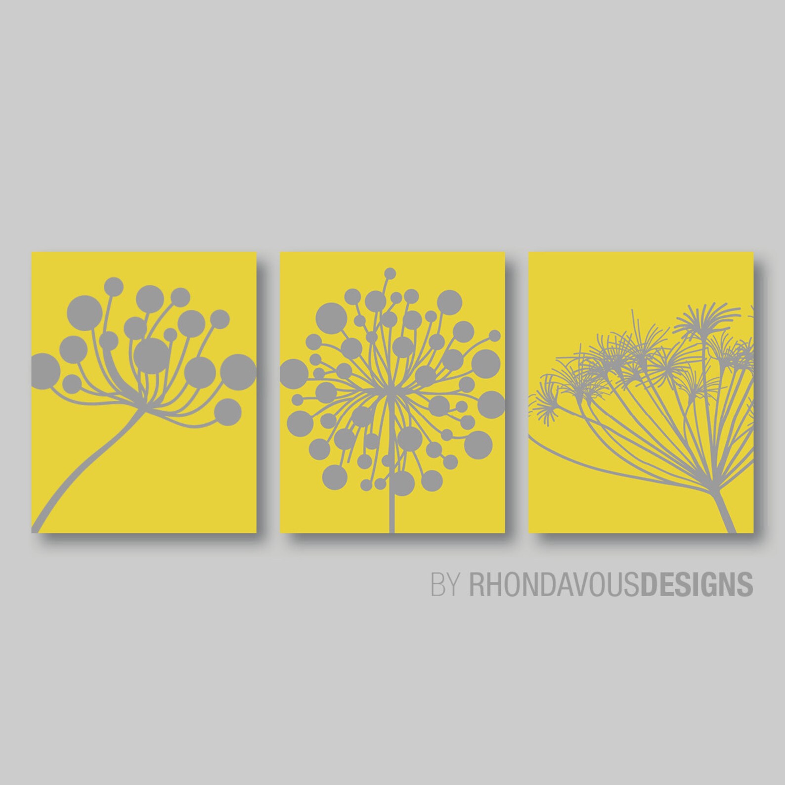 Abstract Modern Dandelions Print Trio Yellow and Gray Etsy