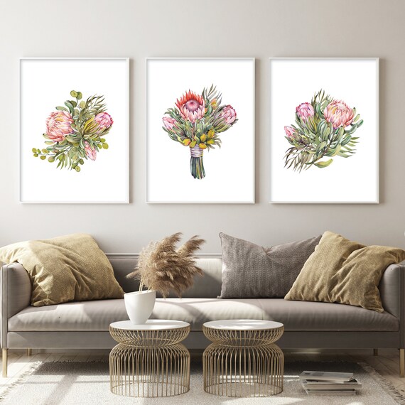 Watercolor Botanical Print Set of 3. Protea Prints. Protea Wall Art. Botanical Decor. Succulent Prints. Living Room Decor. Bathroom Decor.