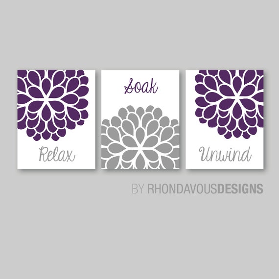 Bathroom Decor - Bathroom Art - Relax Soak Unwind - Flower Bathroom - Bath Art - Bath Decor - Purple Gray - You Pick the Size (NS-553)