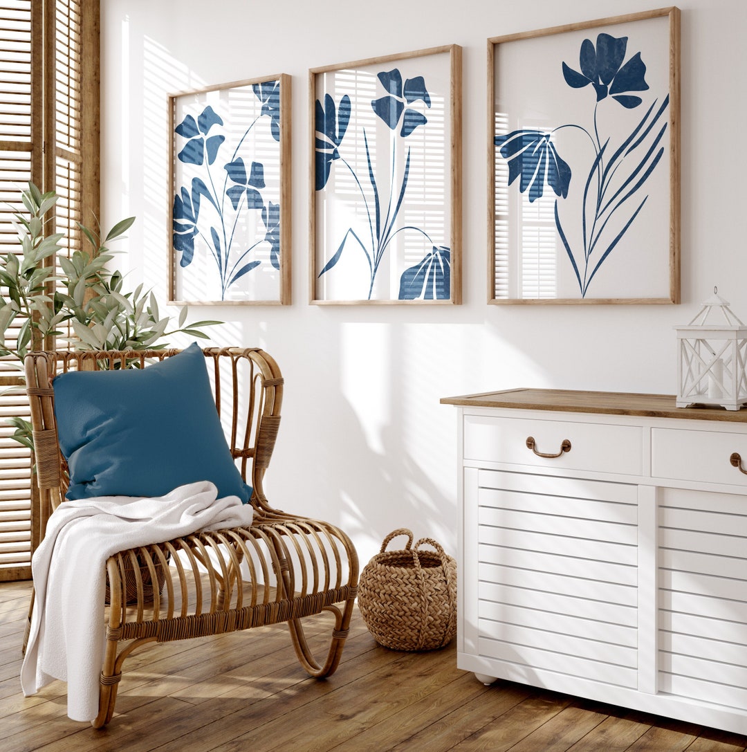 Navy Blue Botanical Print Set, Abstract Floral Wall Art - Etsy
