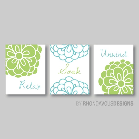 Flower Bathroom Art - Flower Bathroom Decor - Floral Relax Soak Unwind Print - Home Decor -  Flower Bath Art - Teal Blue Green (NS-256)
