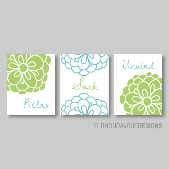 Flower Bathroom Art - Flower Bathroom Decor - Floral Relax Soak Unwind Print - Home Decor -  Flower Bath Art - Teal Blue Green (NS-256)