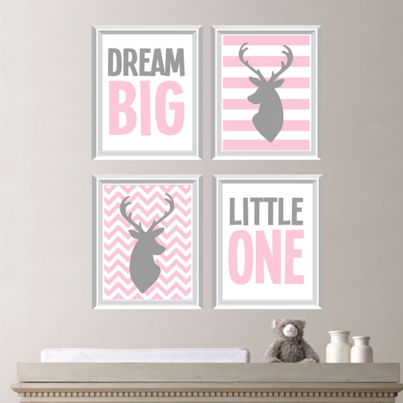 Dream Big Little One Deer Quad - Baby. Decor. Nursery. Girl. - Shown in Light Pink, Gray - You Pick the Size (NS-162)