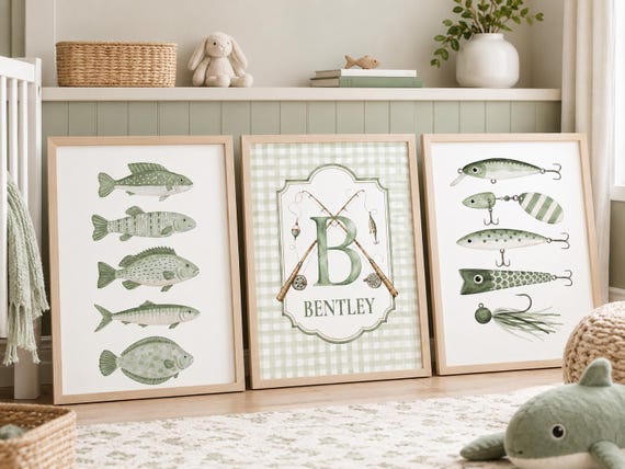Personalized Fishing Nursery Prints, Fish Wall Art Set for Boys, Sage Green Nursery Decor