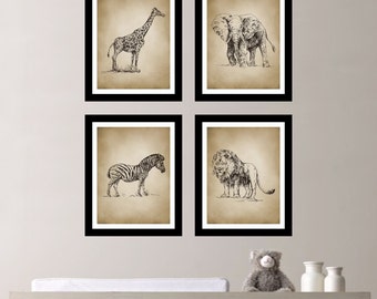 Vintage Safari Quad - Baby Boy Nursery Art. Boy Bedroom Art. Safari Nursery. Zoo Animal Nursery. Elephant. Giraffe. Zebra. Lion. (NS-135)