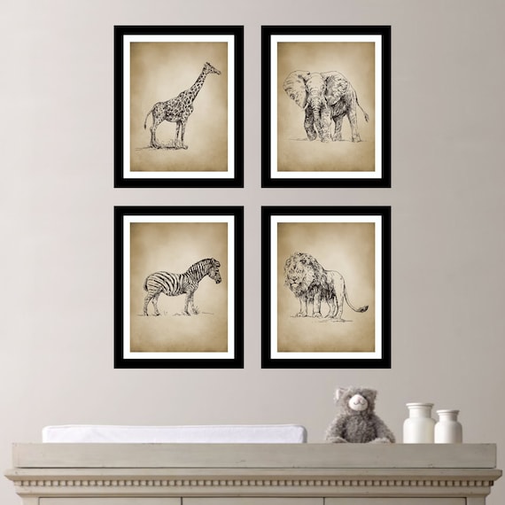 Vintage Safari Quad - Baby Boy Nursery Art. Boy Bedroom Art. Safari Nursery. Zoo Animal Nursery. Elephant. Giraffe. Zebra. Lion. (NS-135)