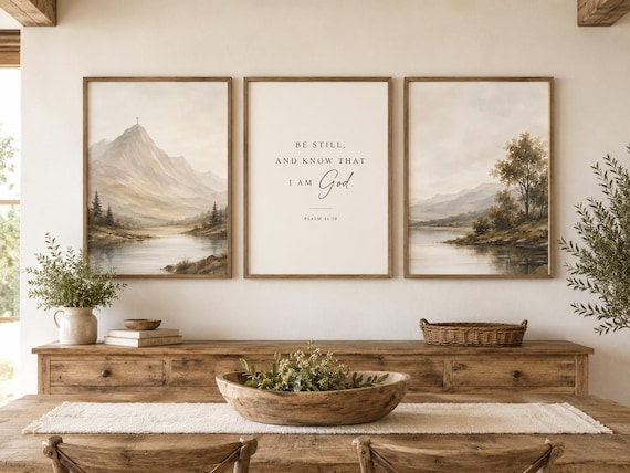 Christian Wall Art Set of 3, Be Still and Know Psalm 46:10, Neutral Landscape Prints, Scripture Wall Art, Farmhouse Christian Decor