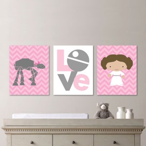 Baby Girl Nursery Print Art - Chevron Art - Star Wars Nursery Decor - Star Wars Nursery Art - Leia - Pink Gray - You Pick the Size (NS-473)