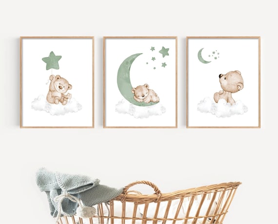 Animals Nursery Wall Art, Sage Green Nursery Decor, Gender Neutral Nursery Decor, Woodland Animal Nursery Art, Moon and Stars Nursery Decor