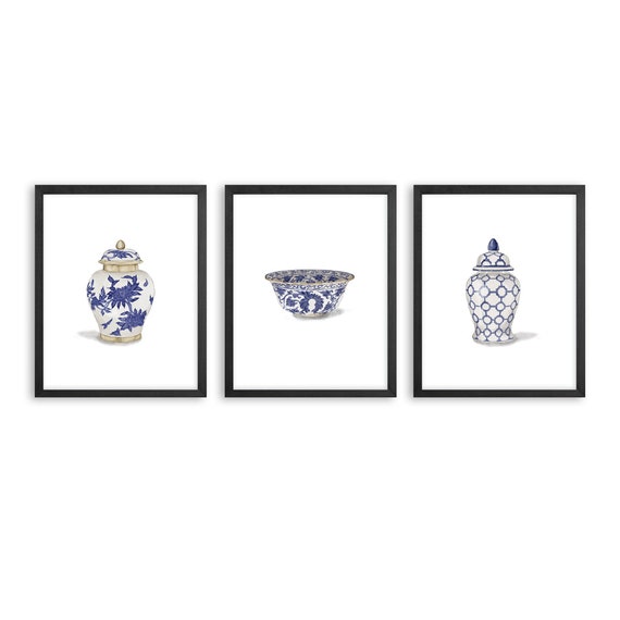 Watercolor Chinoiserie Vase Prints Set of 3. Blue and White China Art Prints. French Country Decor. French Country Prints. Kitchen Art Print