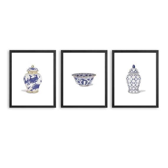 Watercolor Chinoiserie Vase Prints Set of 3. Blue and White China Art Prints. French Country Decor. French Country Prints. Kitchen Art Print