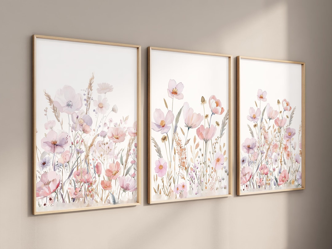Boho Floral Wall Art Set of 3 | Vintage Blush Pink Watercolor Flower ...