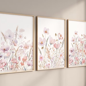Boho Floral Wall Art Set of 3 | Vintage Blush Pink Watercolor Flower Prints | Neutral Baby Girl Nursery Decor