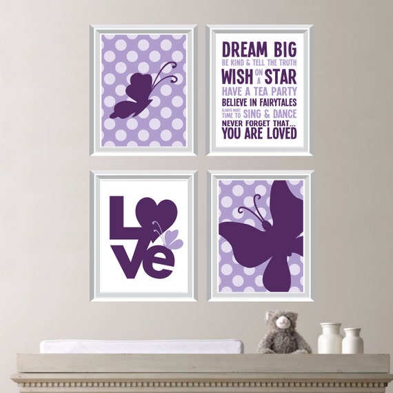 Polka Dot Butterfly Love Rules Print Quad - Wall Art. Baby. Decor. Nursery. Girl Butterflies - Shown in Purples - You Pick the Size (NS-250)
