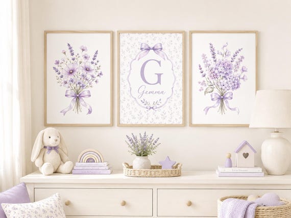 Personalized Lavender Nursery Wall Art Set: Baby Girl Floral Monogram Prints, Cottagecore Nursery Decor, Coquette Bow Nursery Art
