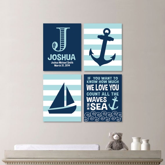 Baby Boy Nursery Art - Nautical Nursery Decor - Nautical Nursery Print -Nautical Nursery Art -Navy White Aqua - You Pick the Size - NS-529