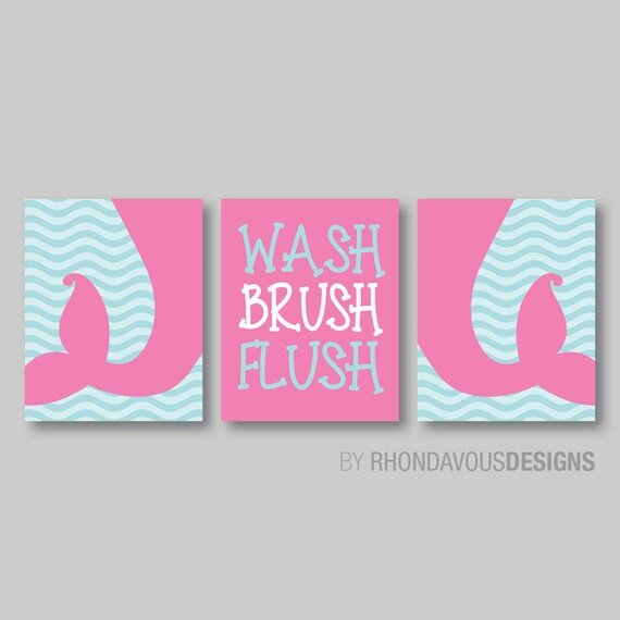 Girl Bathroom Art. Girl Bathroom Decor. Mermaid Bathroom Art. Child Bathroom. Mermaid Bath Decor. Wash Brush Flush. Paper or Canvas. NS278