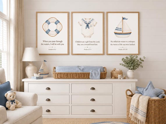 Christian Nautical Nursery Wall Art Set of 3, Baby Boy Bible Verse Prints, Sailboat Nursery Decor, Coastal Christian Wall Art