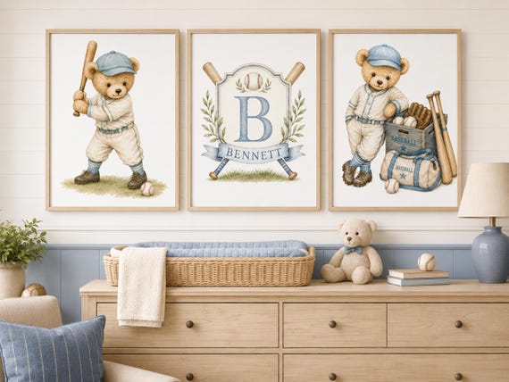 Baseball Nursery Wall Art | Vintage Teddy Bear Baseball Prints | Personalized Baseball Art | Baby Boy Nursery Decor | Sports Nursery Prints