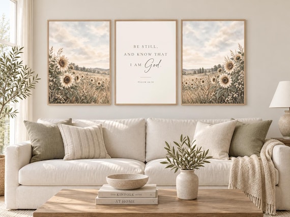 Neutral Christian Wall Art Set of 3, Psalm 46:10 Sunflower Prints, Neutral Landscape Prints, Scripture Wall Art, Farmhouse Christian Decor