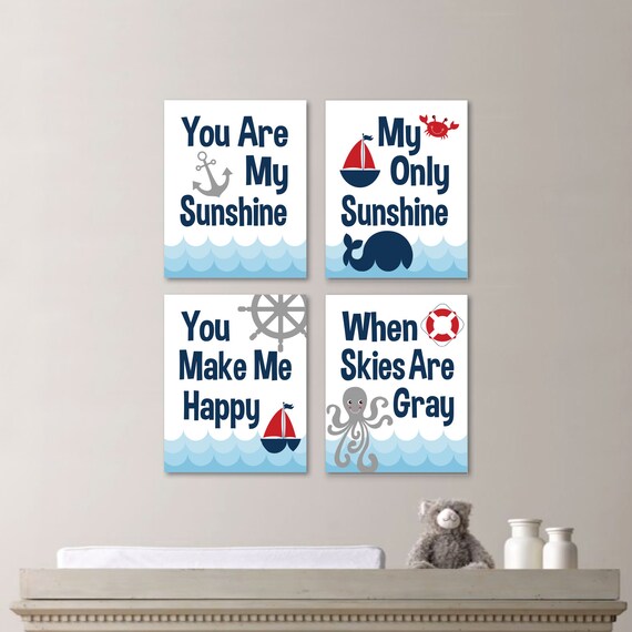 Baby Boy Nursery Art Print - You Are My Sunshine Nursery - You Are My Sunshine Wall Art - Boy Bedroom - Nautical Art - Navy Red (NS-657)