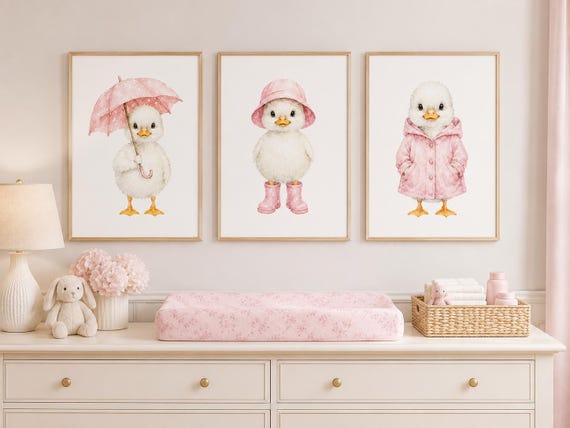 Pink Duck Nursery Prints, Coquette Girl Wall Art Set of 3, Cottagecore Nursery Decor