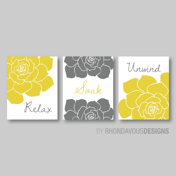 Bathroom Art - Bathroom Decor - Floral Relax Soak Unwind Art - Flower Bathroom Art - Mustard Yellow Gray - Pick the Size & Colors (NS-384)