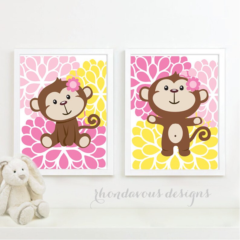 Baby Girl Nursery Print Art Flower Monkey Nursery Decor Etsy